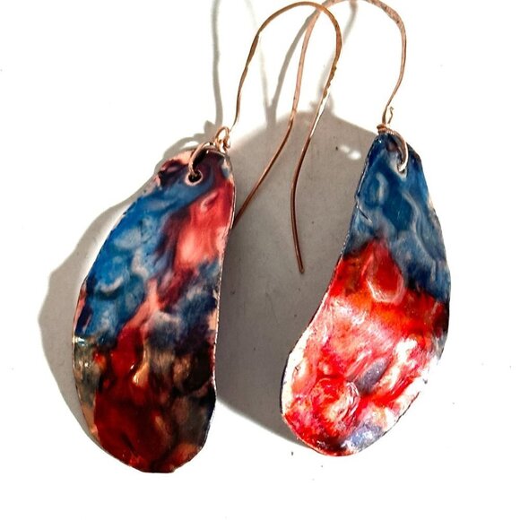 Festive Blue Red Copper Embossed Earrings Handmade Textured Painted Rustic Boho - Picture 6 of 11